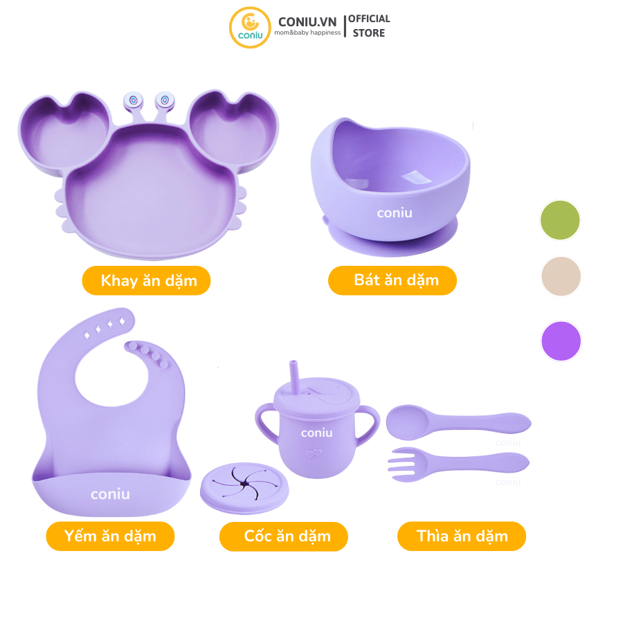 Bộ Ăn Dặm Silicone Coniu Hình Cua Cho Bé, Combo Bát- Khay- Yếm- Thìa- Cốc Silicone Cao Cấp CONIU