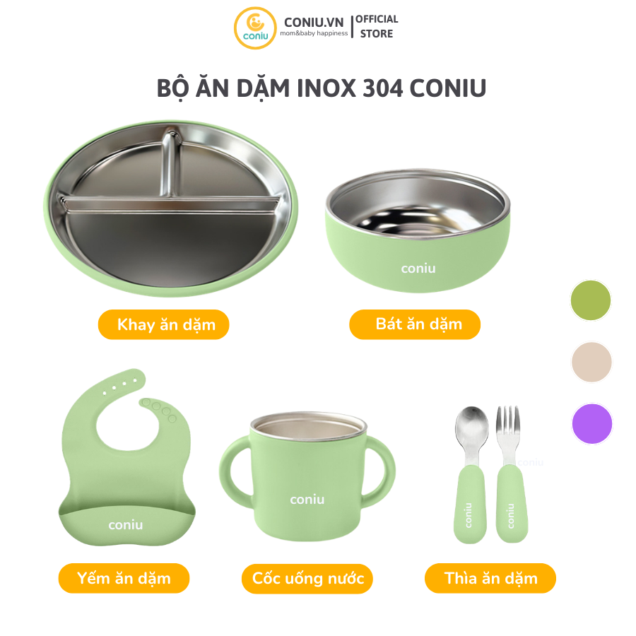 Set Ăn Dặm Inox Cho Bé, Combo Bát, Khay, Yếm, Thìa, Cốc Inox 304