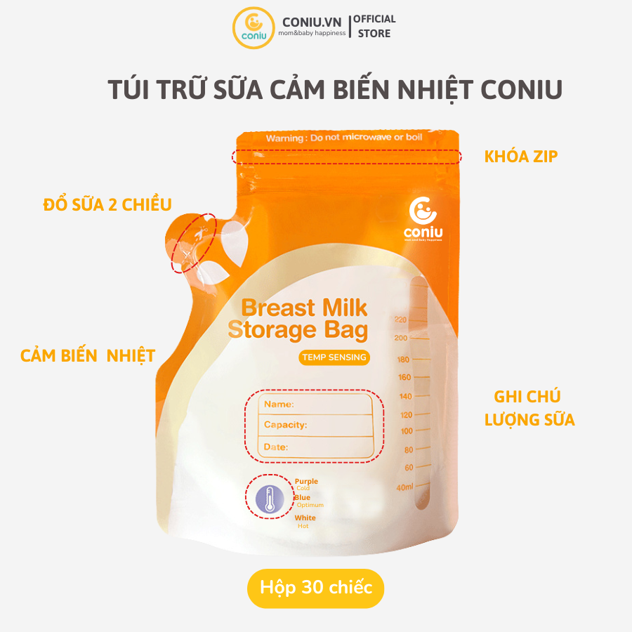Túi Trữ Sữa Cảm Biến Nhiệt Coniu Giữ Nhiệt, Thiết Kế Công Thái Học Tiêu Chuẩn Cao