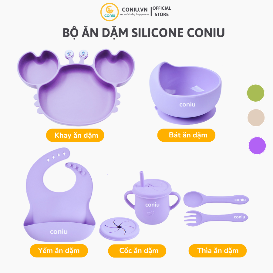 Bộ Ăn Dặm Silicone Coniu Hình Cua Cho Bé, Combo Bát- Khay- Yếm- Thìa- Cốc Silicone Cao Cấp CONIU