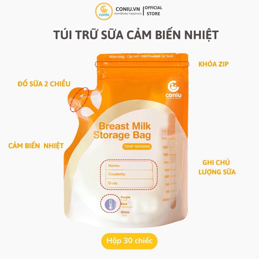 Túi Trữ Sữa Cảm Biến Nhiệt Coniu Giữ Nhiệt, Thiết Kế Công Thái Học Tiêu Chuẩn Cao