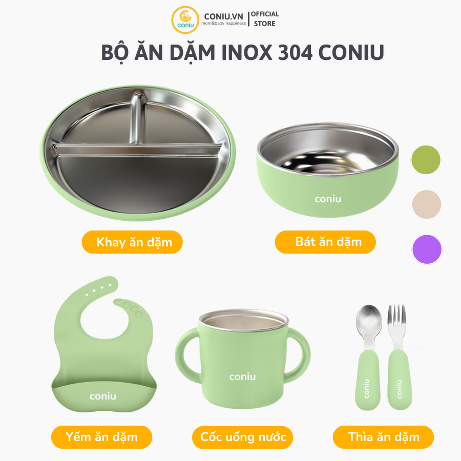 Set Ăn Dặm Inox Cho Bé, Combo Bát, Khay, Yếm, Thìa, Cốc Inox 304