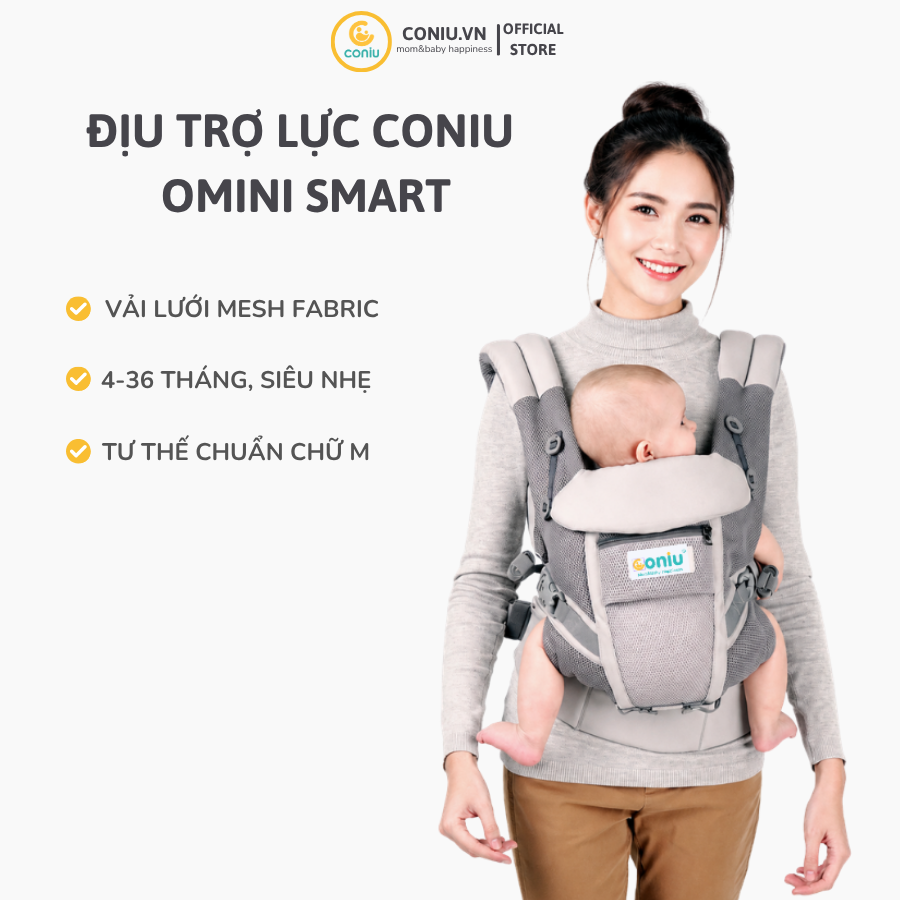 Địu Trợ Lực Em Bé Coniu Omini Smart Thoáng Mát, An Toàn, Chuẩn Y Khoa, Có Đệm Đỡ Cổ, Che Nắng Bé