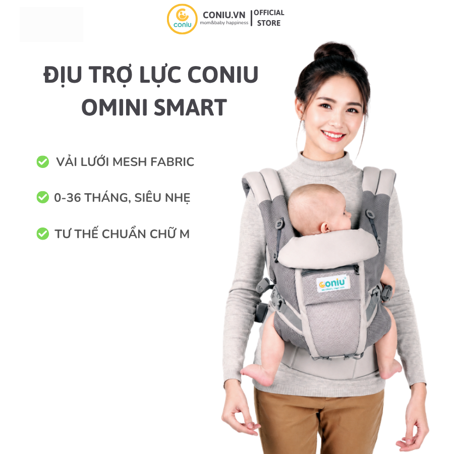 Địu Trợ Lực Em Bé Coniu Omini Smart Thoáng Mát, An Toàn, Chuẩn Y Khoa, Có Đệm Đỡ Cổ, Che Nắng Bé