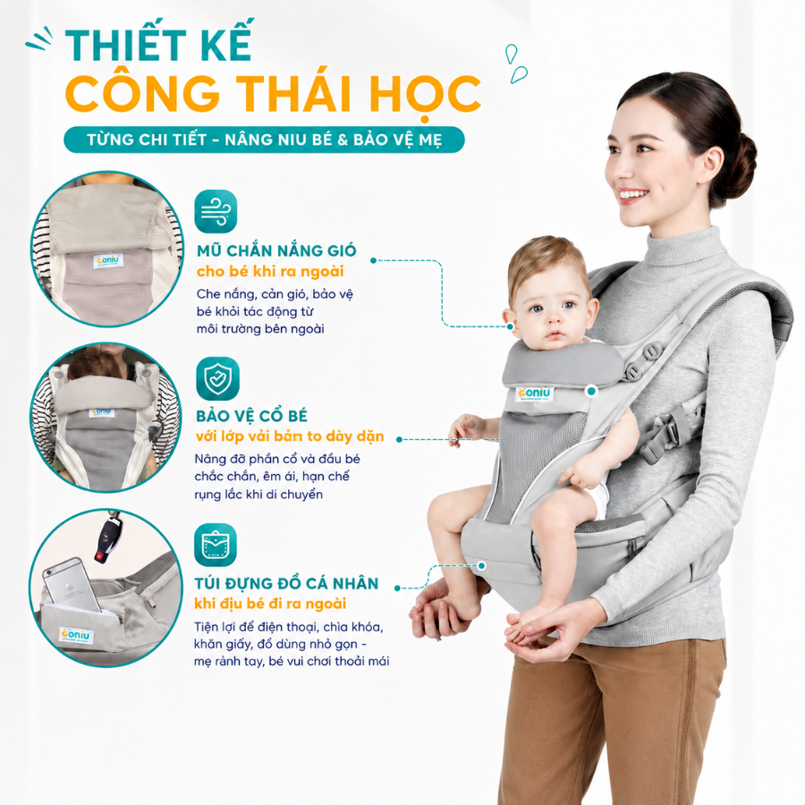 Địu Ngồi Trợ Lực Cho Bé Coniu Smart Hỗ Trợ Giảm Áp Lực, Cho Bé Từ 3 Đến 36 Tháng