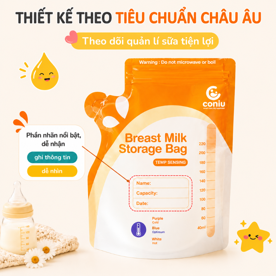 Túi Trữ Sữa Cảm Biến Nhiệt Coniu Giữ Nhiệt, Thiết Kế Công Thái Học Tiêu Chuẩn Cao