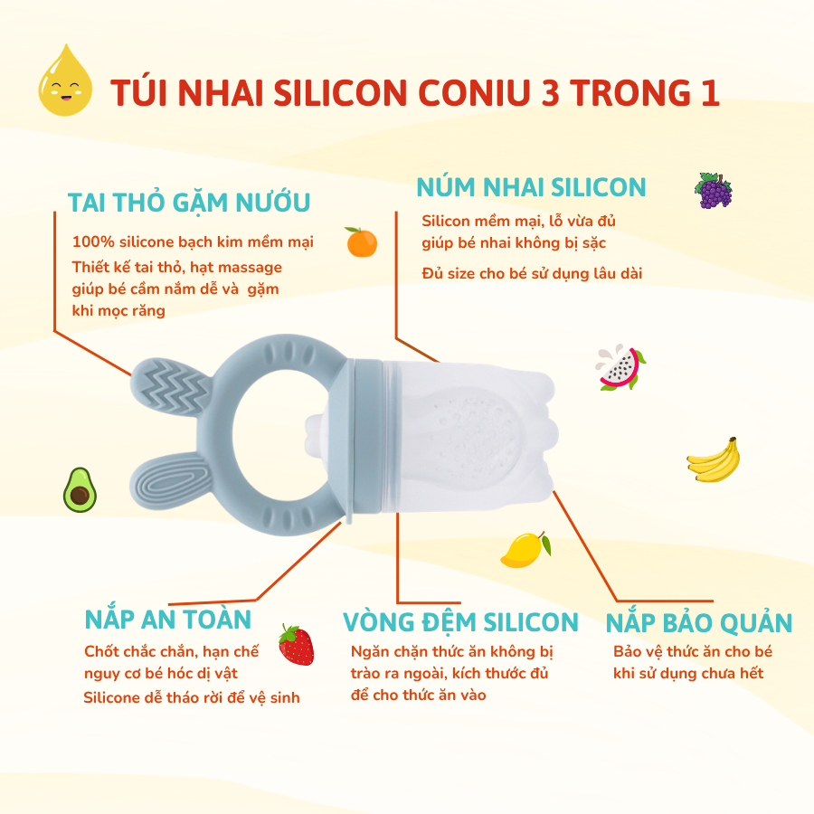 Túi Nhai Ăn Dặm, Núm Nhai Ăn Dặm Cho Bé Silicone Coniu