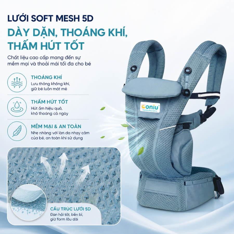 Địu Trợ lực Em Bé Coniu Omini Deluxe Mesh Siêu Nhẹ Chuẩn Y Khoa,