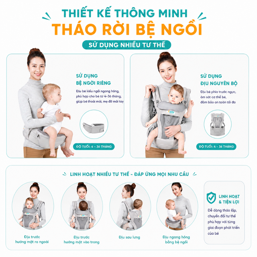 Địu Ngồi Trợ Lực Cho Bé Coniu Smart Hỗ Trợ Giảm Áp Lực, Cho Bé Từ 3 Đến 36 Tháng