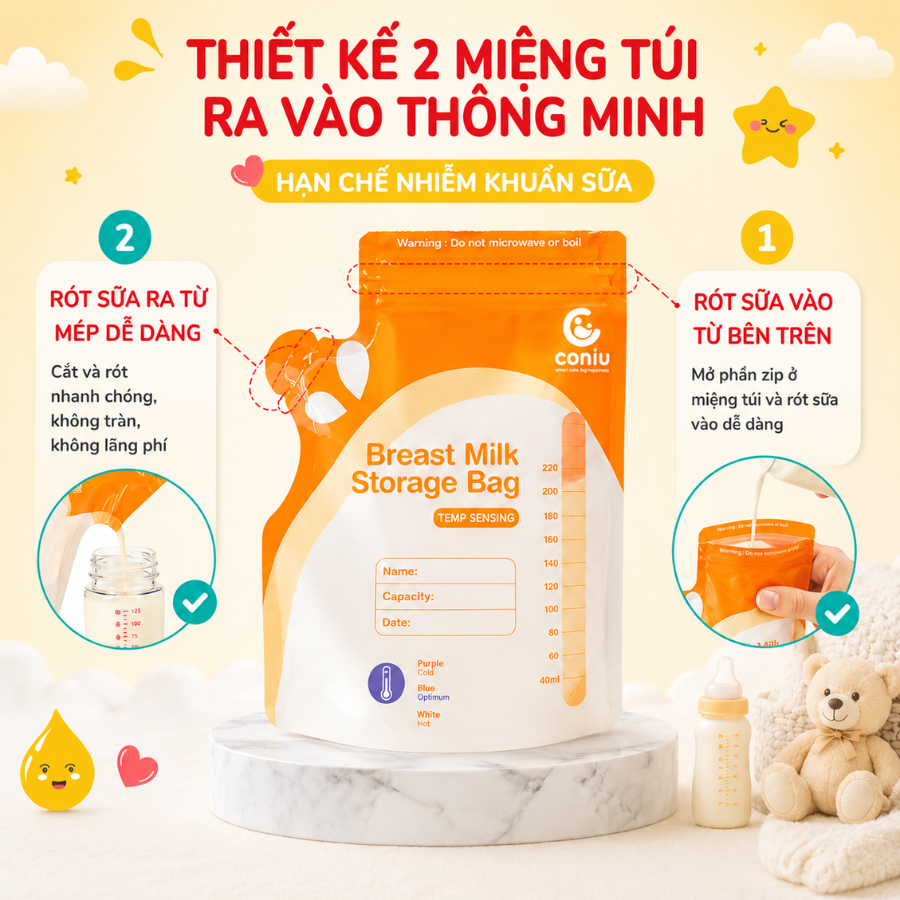 Túi Trữ Sữa Cảm Biến Nhiệt Coniu Giữ Nhiệt, Thiết Kế Công Thái Học Tiêu Chuẩn Cao