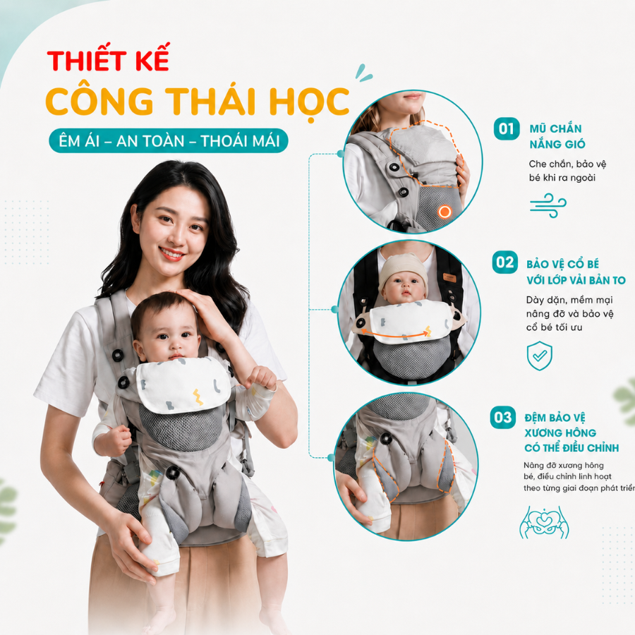 Địu Trợ Lực Coniu Omini 360 Siêu Gọn Nhẹ, Hỗ Trợ Giảm Áp Lực, Cho Bé Từ 3 Đến 36 Tháng