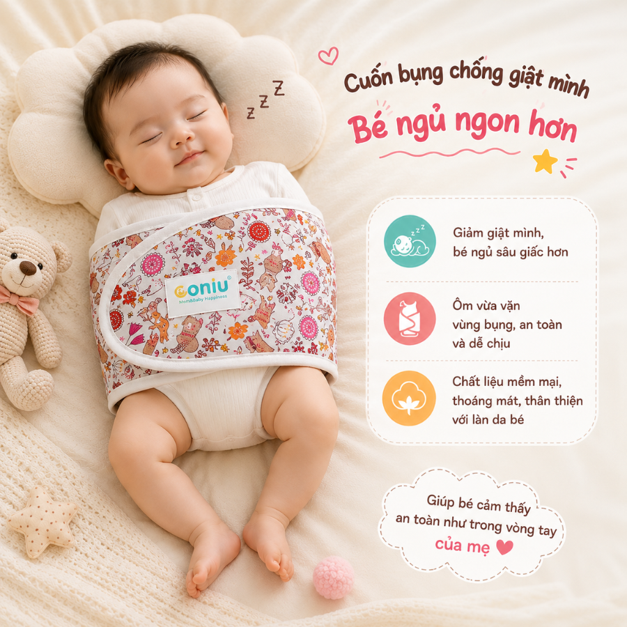 Khăn Quấn Coniu , Ủ Quấn Tay Chống Giật Mình Cho Bé Ngủ Ngoan