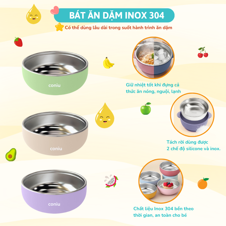 Set Ăn Dặm Inox Cho Bé, Combo Bát, Khay, Yếm, Thìa, Cốc Inox 304