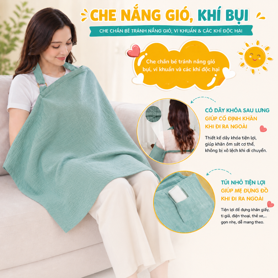Khăn Choàng Cho Bé Bú Coniu, Chất Liệu Vải Muslin