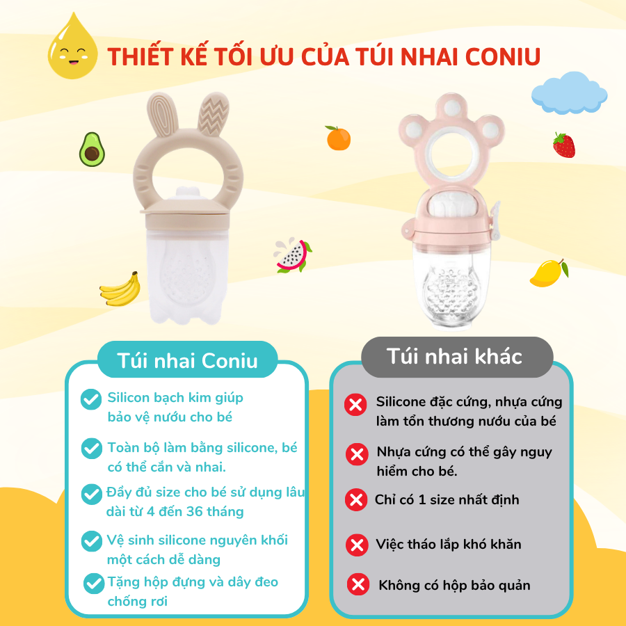 Túi Nhai Ăn Dặm, Núm Nhai Ăn Dặm Cho Bé Silicone Coniu