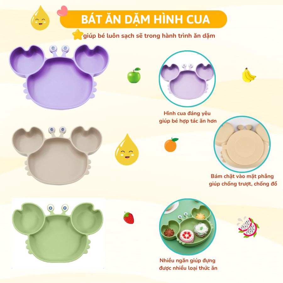 Bộ Ăn Dặm Silicone Coniu Hình Cua Cho Bé, Combo Bát- Khay- Yếm- Thìa- Cốc Silicone Cao Cấp CONIU