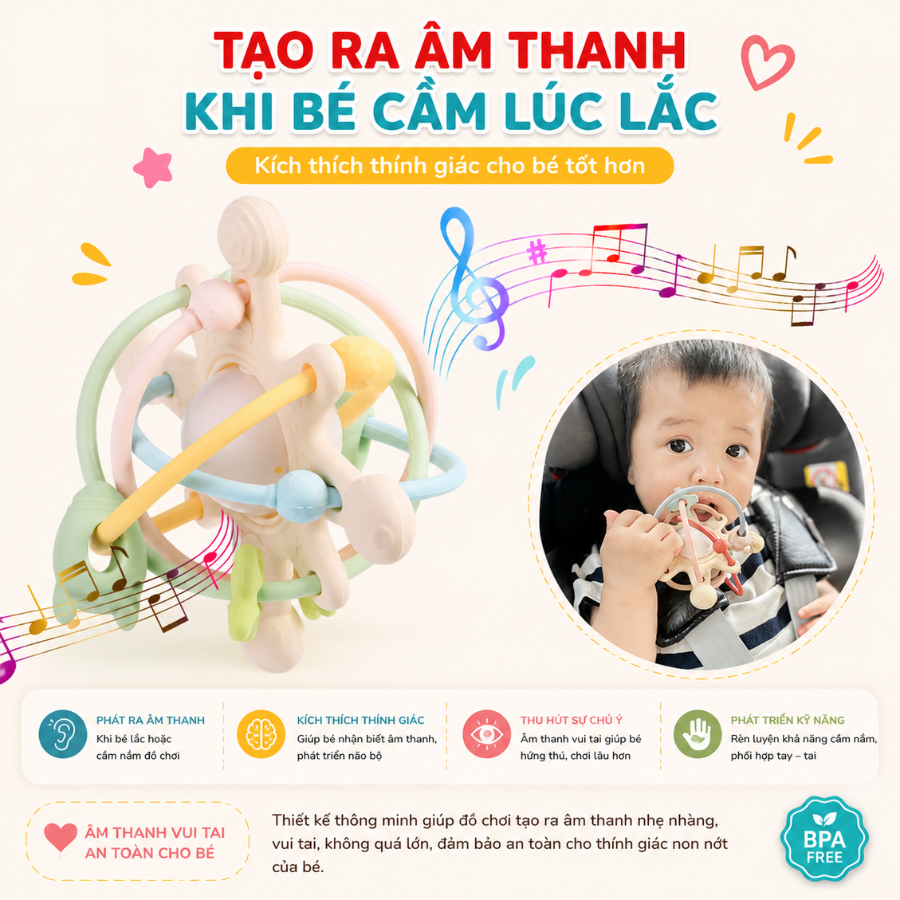 Gặm Nướu Silicone Coniu Hình Cầu Có Trục Xoay, Âm Thành Giúp Tăng Khả Năng Cầm Nắm Cho Bé
