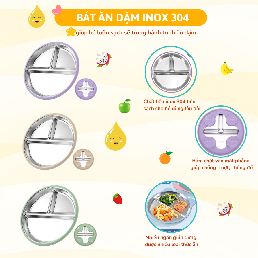 Set Ăn Dặm Inox Cho Bé, Combo Bát, Khay, Yếm, Thìa, Cốc Inox 304