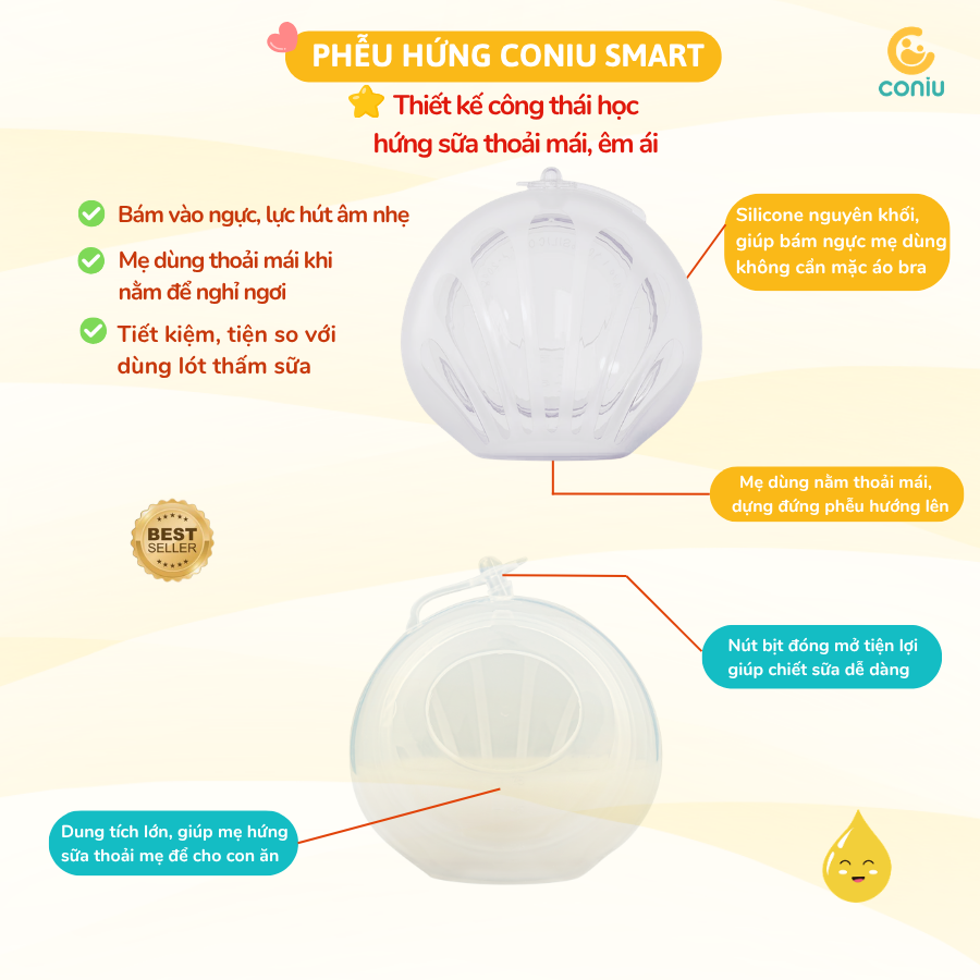 Phễu Hứng Sữa Coniu, Chất Liệu Silicone Cao Cấp, Dùng Được Khi Nằm (Hộp 2 Cái)