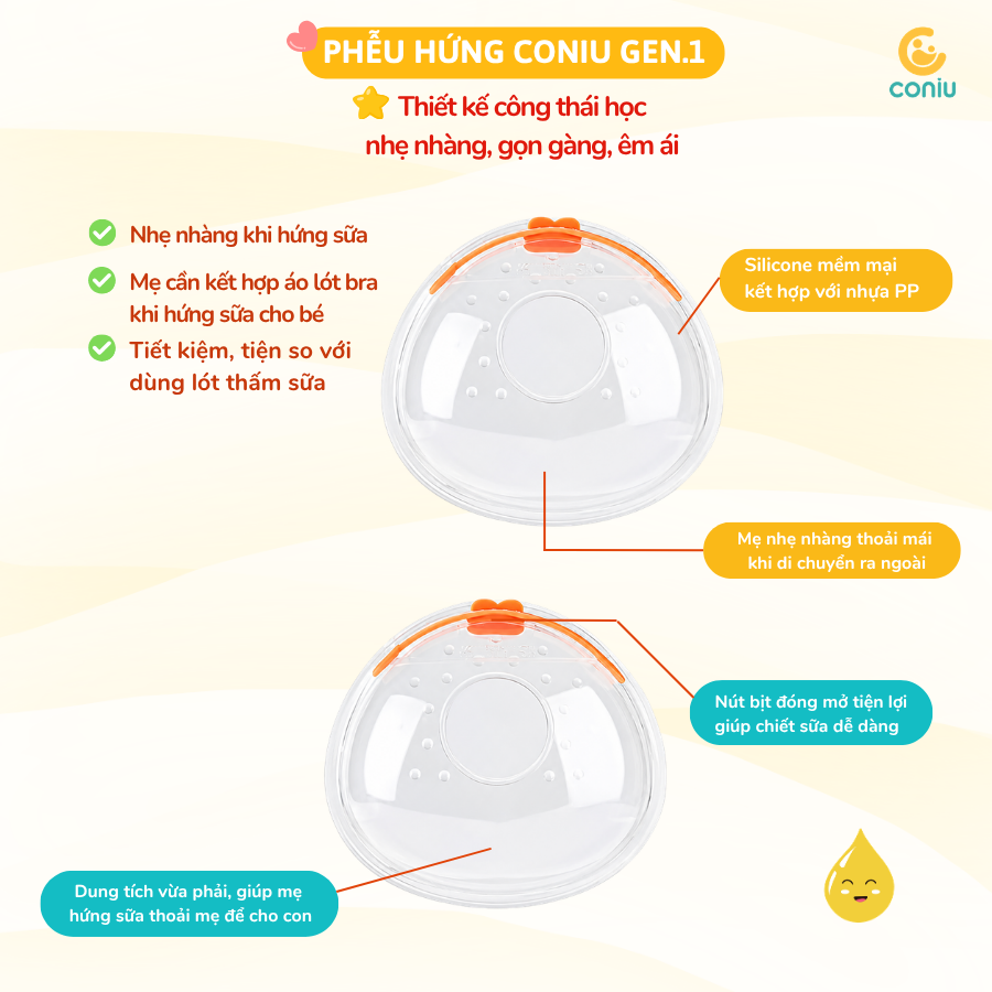 Phễu Hứng Sữa Coniu, Chất Liệu Silicone Cao Cấp, Dùng Được Khi Nằm (Hộp 2 Cái)