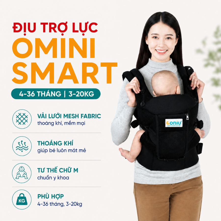 Địu Trợ Lực Em Bé Coniu Omini Smart Thoáng Mát, An Toàn, Chuẩn Y Khoa, Có Đệm Đỡ Cổ, Che Nắng Bé