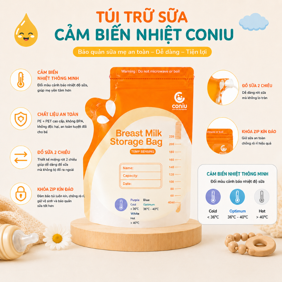 Túi Trữ Sữa Cảm Biến Nhiệt Coniu Giữ Nhiệt, Thiết Kế Công Thái Học Tiêu Chuẩn Cao