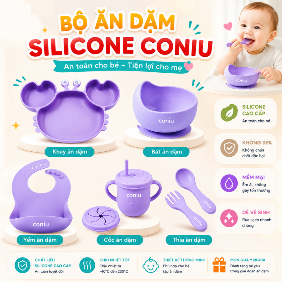 Bộ Ăn Dặm Silicone Coniu Hình Cua Cho Bé, Combo Bát- Khay- Yếm- Thìa- Cốc Silicone Cao Cấp CONIU