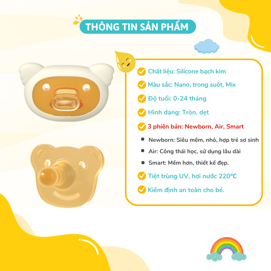 Ti giả Coniu Silicone Nguyên Khối Cho Bé Siêu Mềm Mại, Hộp Đựng Bảo Vệ, Dây Xích Chống Thất Lạc