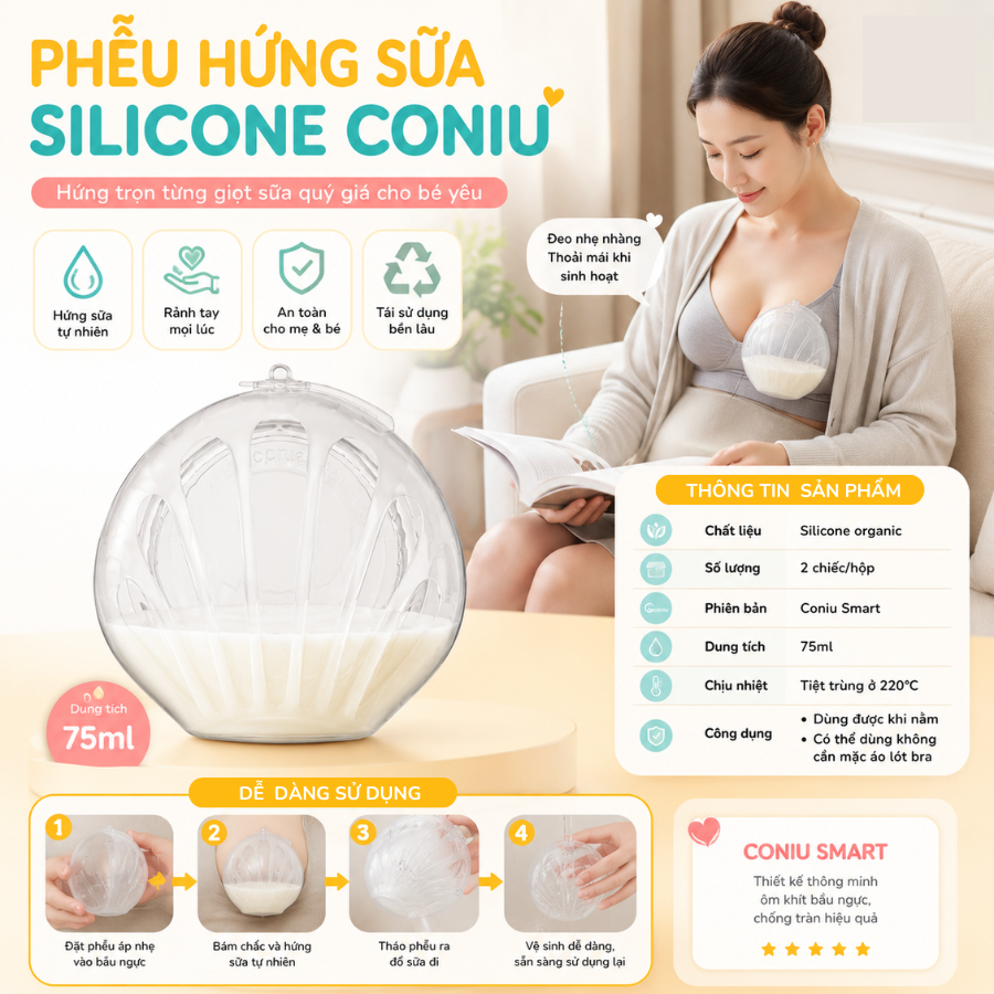 Phễu Hứng Sữa Coniu, Chất Liệu Silicone Cao Cấp, Dùng Được Khi Nằm (Hộp 2 Cái)