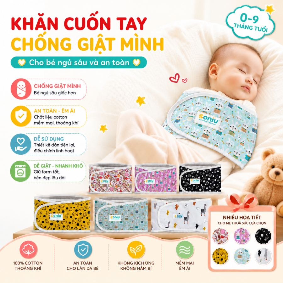 Khăn Quấn Coniu , Ủ Quấn Tay Chống Giật Mình Cho Bé Ngủ Ngoan