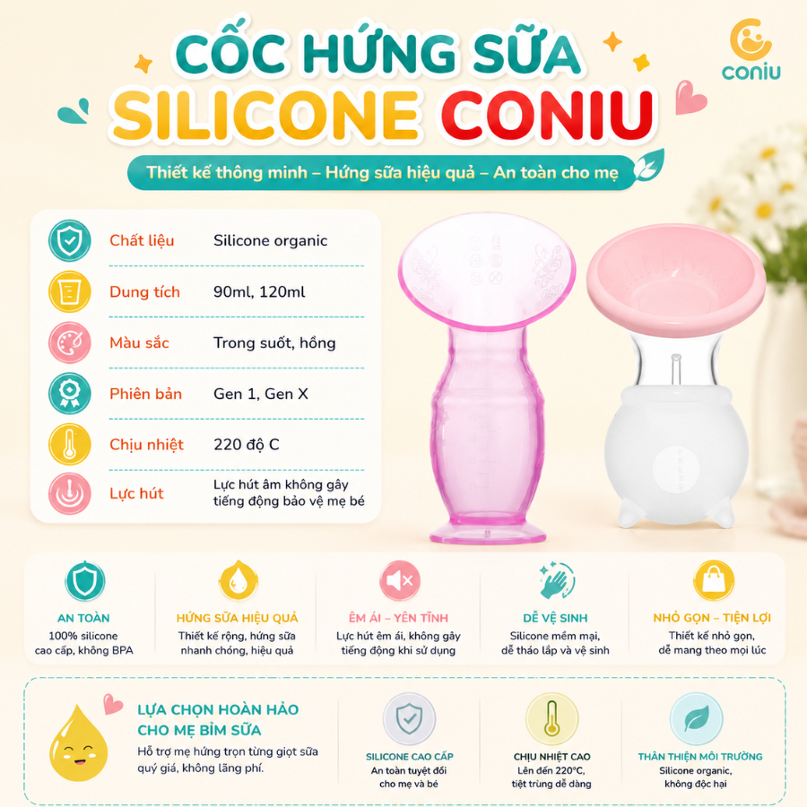 Cốc Hứng Sữa Coniu, Hút Sữa Rảnh Tay, Chất Liệu Silicone Cao Cấp