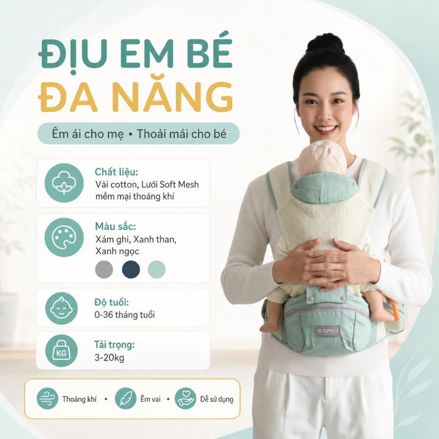 Địu Em Bé Sơ Sinh Coniu, 9 Tư Thế Chống Gù Cho Bé từ 0- 36 Tháng