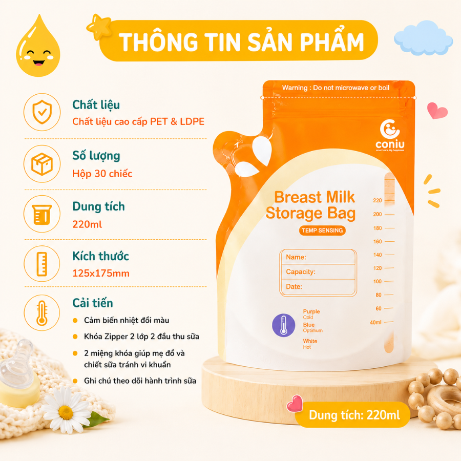 Túi Trữ Sữa Cảm Biến Nhiệt Coniu Giữ Nhiệt, Thiết Kế Công Thái Học Tiêu Chuẩn Cao