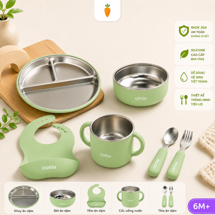 Set Ăn Dặm Inox Cho Bé, Combo Bát, Khay, Yếm, Thìa, Cốc Inox 304