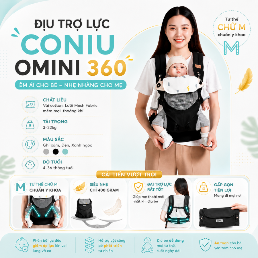 Địu Trợ Lực Coniu Omini 360 Siêu Gọn Nhẹ, Hỗ Trợ Giảm Áp Lực, Cho Bé Từ 3 Đến 36 Tháng