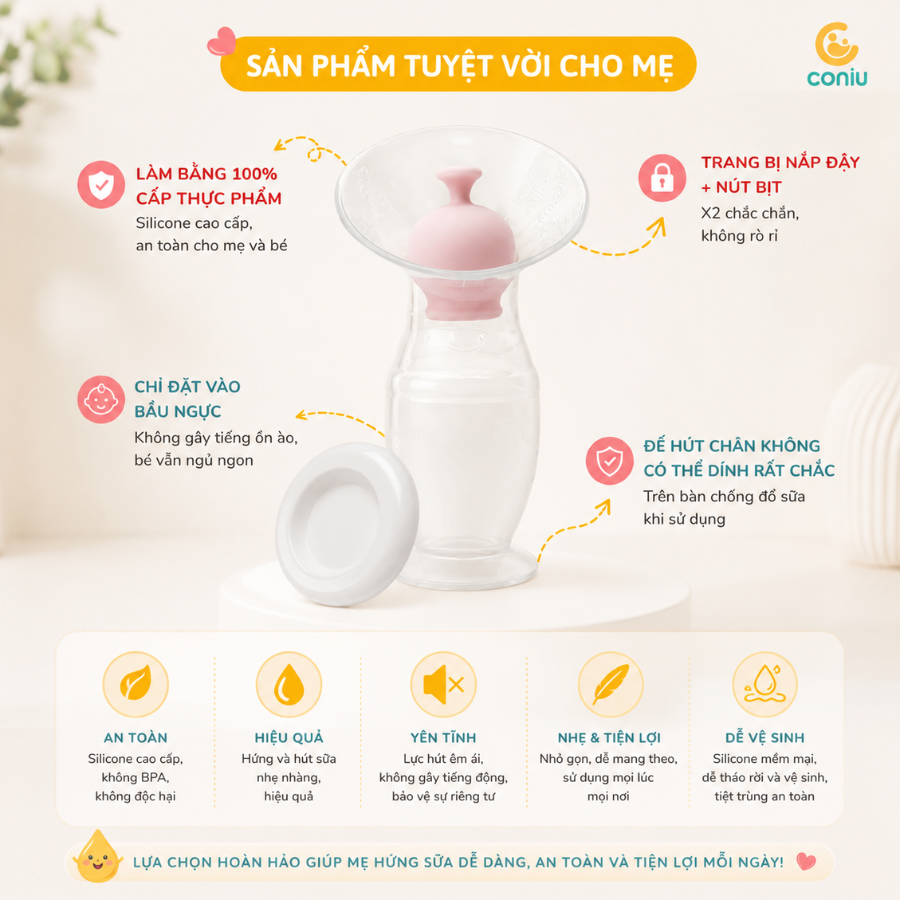 Cốc Hứng Sữa Coniu, Hút Sữa Rảnh Tay, Chất Liệu Silicone Cao Cấp (1 Cốc)