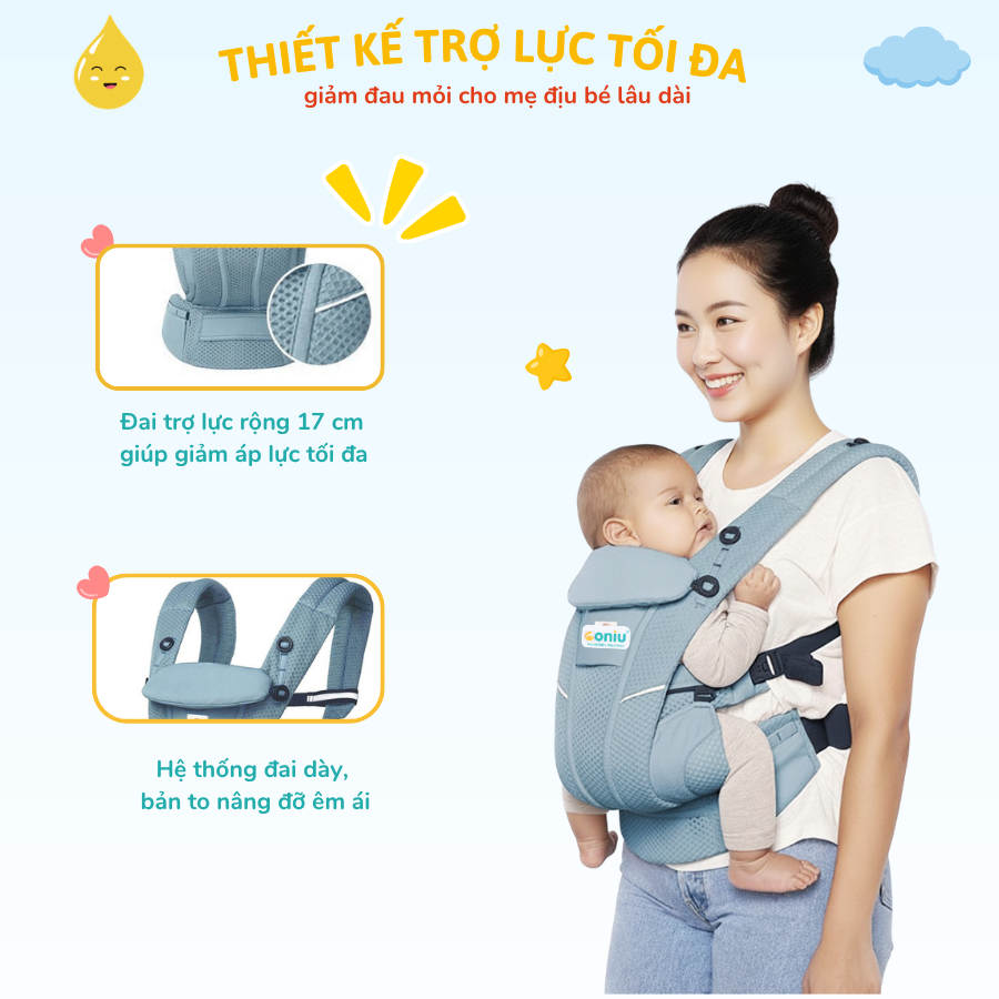 Địu Trợ lực Em Bé Coniu Omini Deluxe Mesh Siêu Dày Dặn Chuẩn Y Khoa,