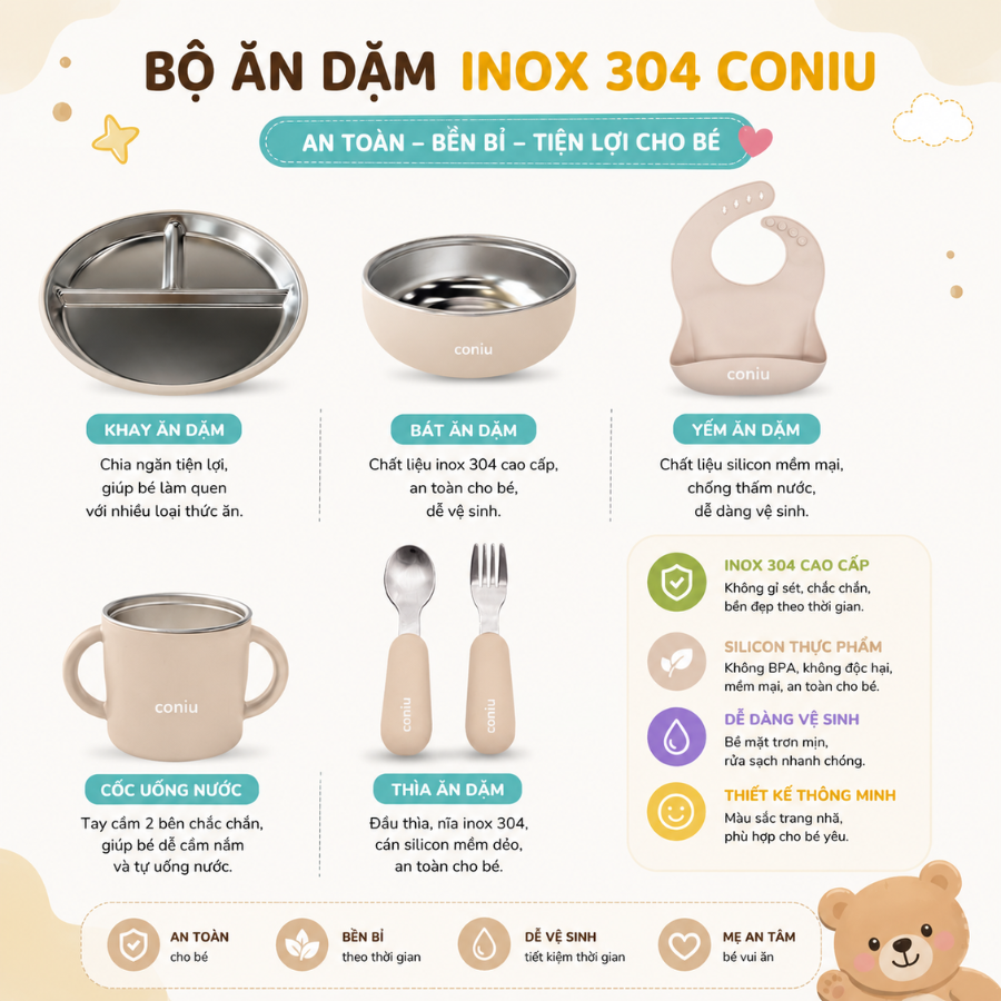 Set Ăn Dặm Inox Cho Bé, Combo Bát, Khay, Yếm, Thìa, Cốc Inox 304