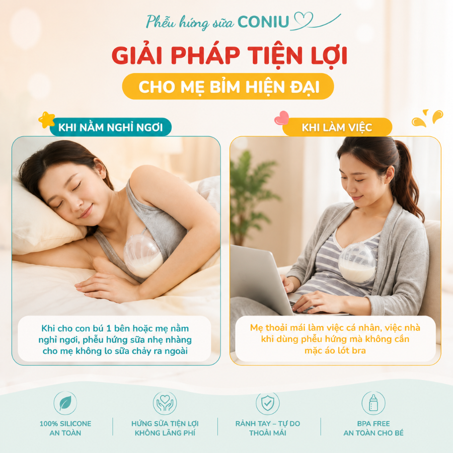 Phễu Hứng Sữa Coniu, Chất Liệu Silicone Cao Cấp, Dùng Được Khi Nằm (Hộp 2 Cái)
