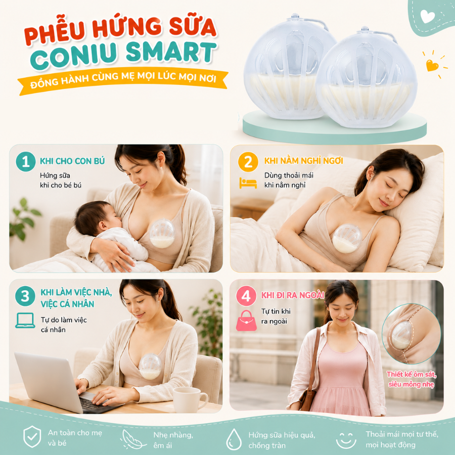 Phễu Hứng Sữa Coniu, Chất Liệu Silicone Cao Cấp, Dùng Được Khi Nằm (Hộp 2 Cái)