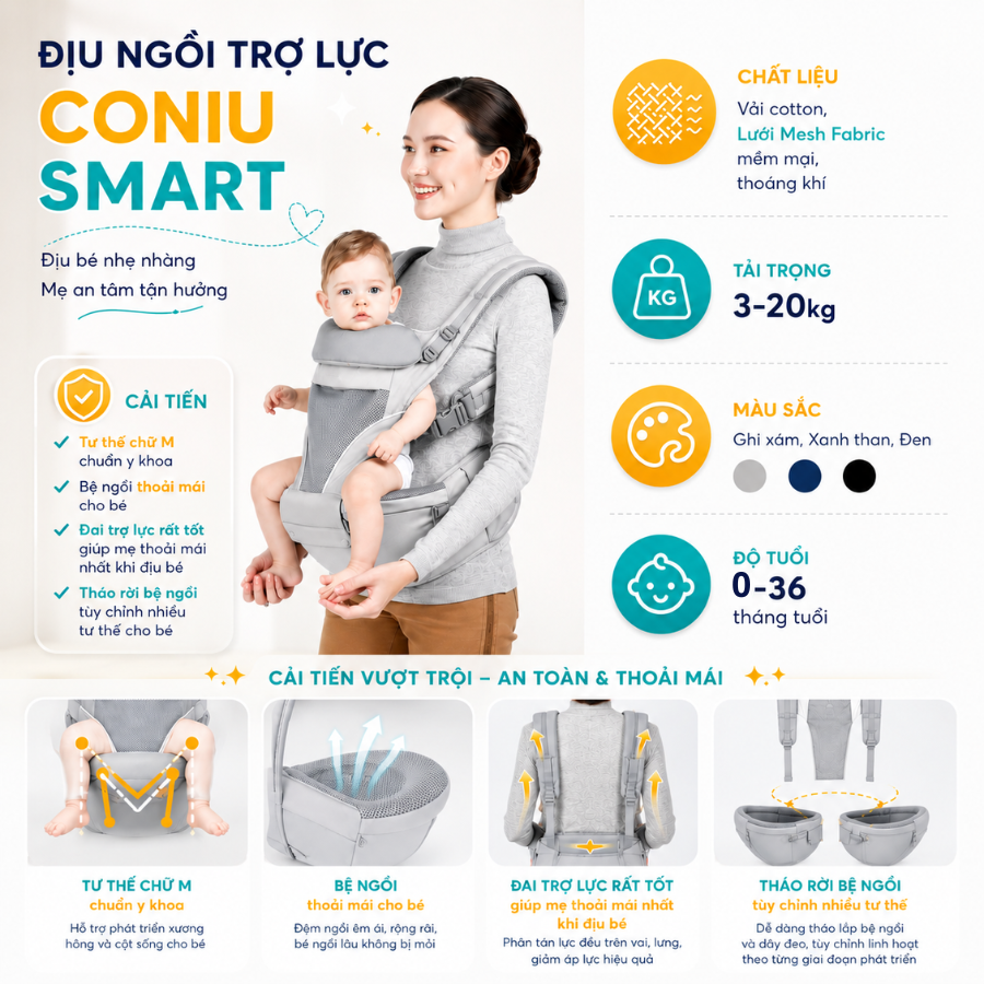 Địu Ngồi Trợ Lực Cho Bé Coniu Smart Hỗ Trợ Giảm Áp Lực, Cho Bé Từ 3 Đến 36 Tháng