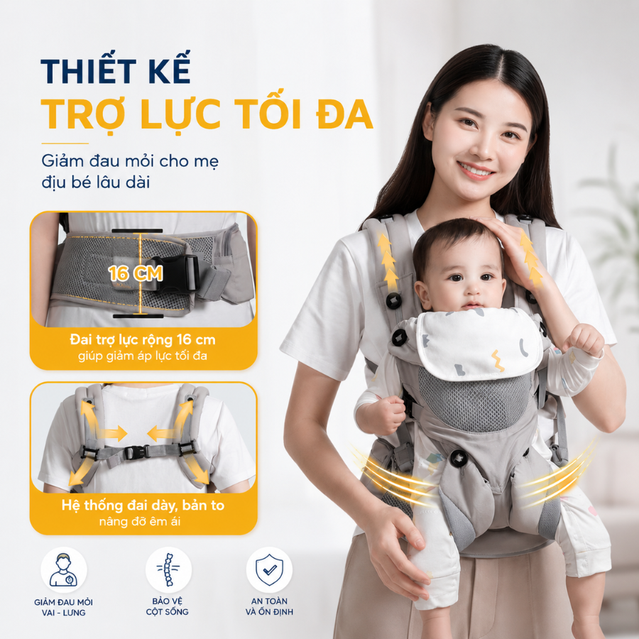 Địu Trợ Lực Coniu Omini 360 Siêu Gọn Nhẹ, Hỗ Trợ Giảm Áp Lực, Cho Bé Từ 3 Đến 36 Tháng