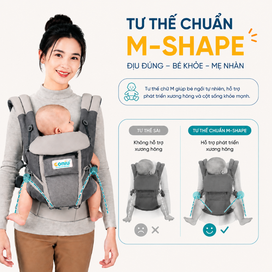 Địu Trợ Lực Em Bé Coniu Omini Smart Thoáng Mát, An Toàn, Chuẩn Y Khoa, Có Đệm Đỡ Cổ, Che Nắng Bé