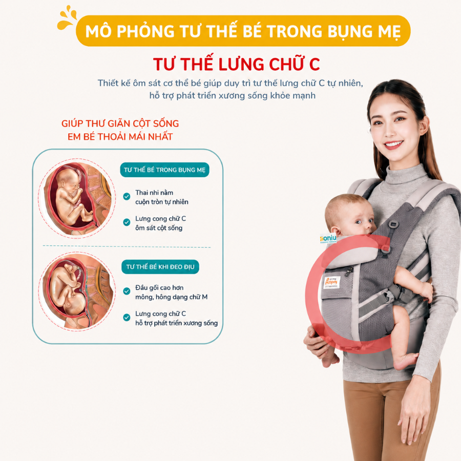 Địu Trợ Lực Em Bé Coniu Omini Smart Thoáng Mát, An Toàn, Chuẩn Y Khoa, Có Đệm Đỡ Cổ, Che Nắng Bé