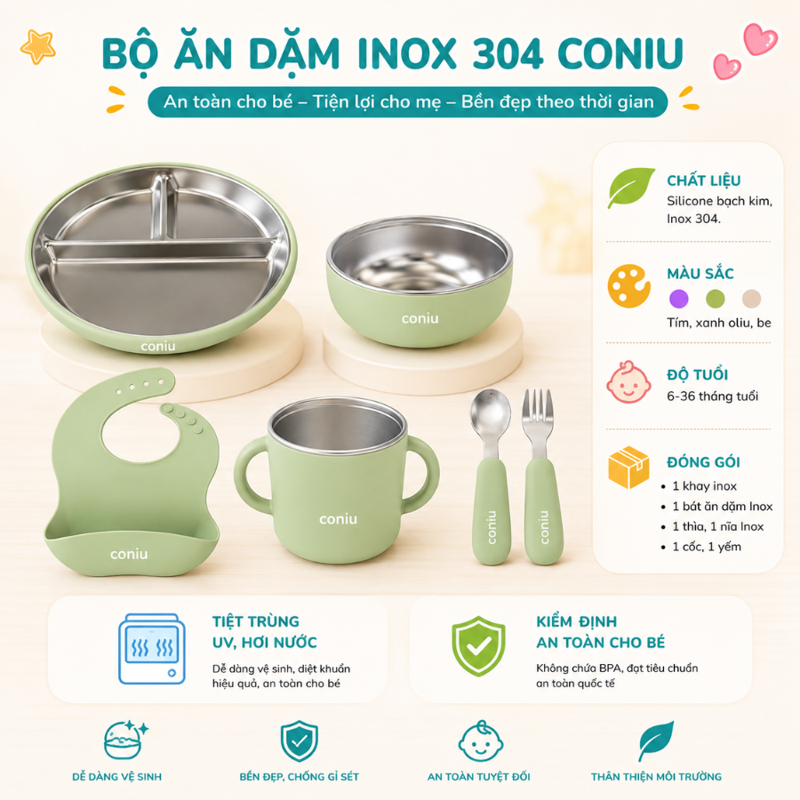 Set Ăn Dặm Inox Cho Bé, Combo Bát, Khay, Yếm, Thìa, Cốc Inox 304