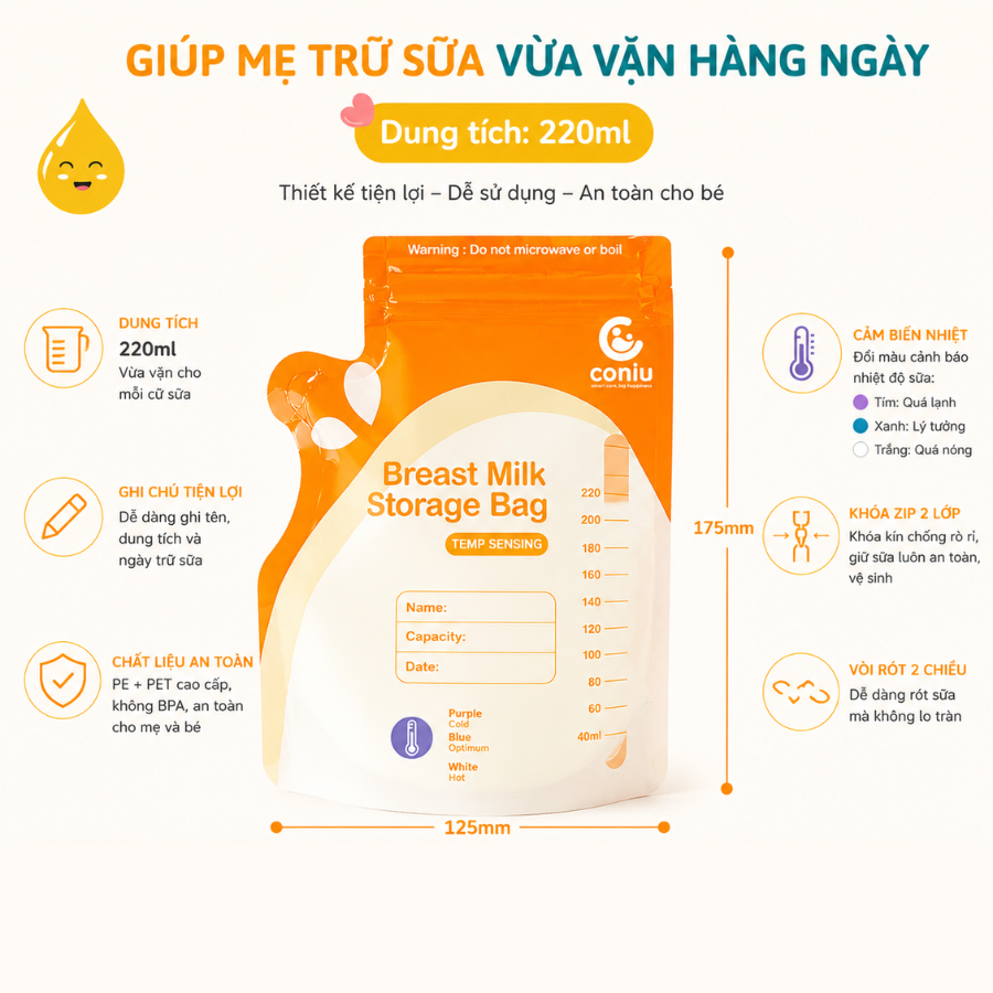 Túi Trữ Sữa Cảm Biến Nhiệt Coniu Giữ Nhiệt, Thiết Kế Công Thái Học Tiêu Chuẩn Cao
