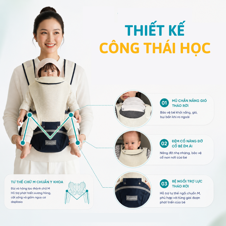 Địu Em Bé Sơ Sinh Coniu, 9 Tư Thế Chống Gù Cho Bé từ 0- 36 Tháng