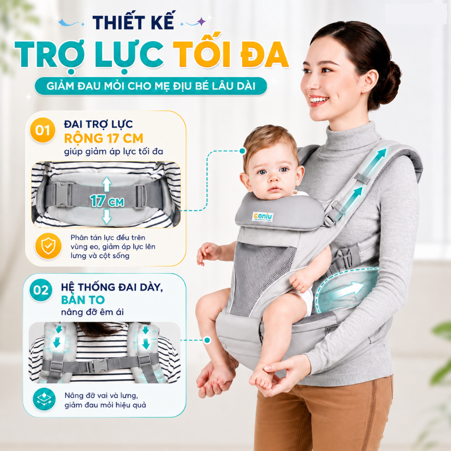 Địu Ngồi Trợ Lực Cho Bé Coniu Smart Hỗ Trợ Giảm Áp Lực, Cho Bé Từ 3 Đến 36 Tháng