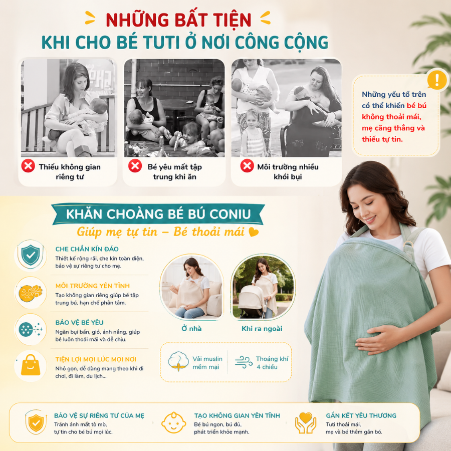 Khăn Choàng Cho Bé Bú Coniu, Chất Liệu Vải Muslin