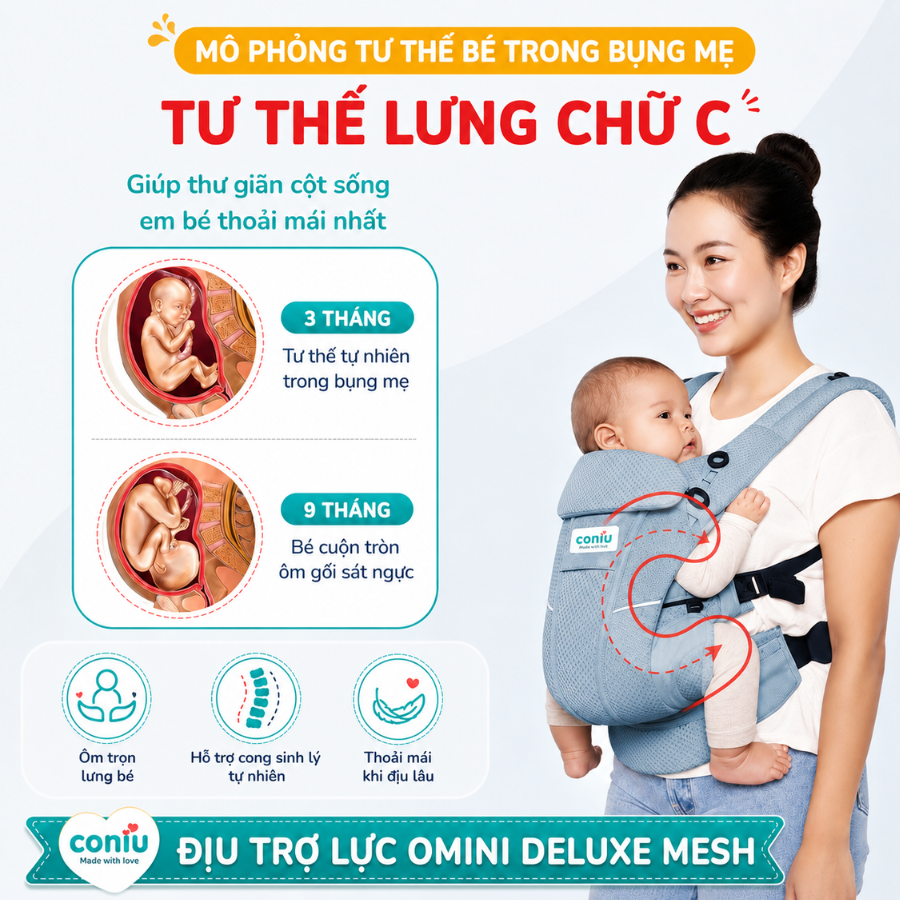 Địu Trợ lực Em Bé Coniu Omini Deluxe Mesh Siêu Nhẹ Chuẩn Y Khoa,